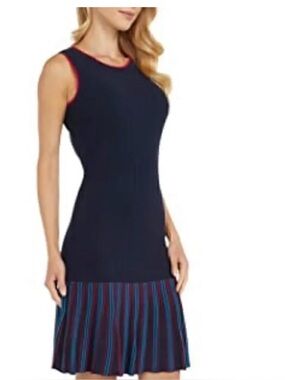Tommy Hilfiger Navy Midi Dress with Red Trim and Multicolor Pleated Hem